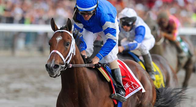Alpha, with jockey Ramon Dominguez in the irons, wins the Jim Dandy on Jim Dandy Day at Saratoga Race Course in Saratoga Springs, New York on July 28, 2012