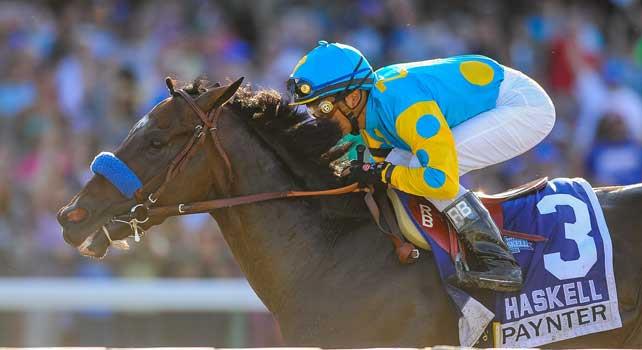 Paynter, ridden by Rafael Bejarano, wins the Haskell Invitational on Haskell Invitational Day at Monmouth Park Race Course in Oceanport, New Jersey on July 29, 2012.