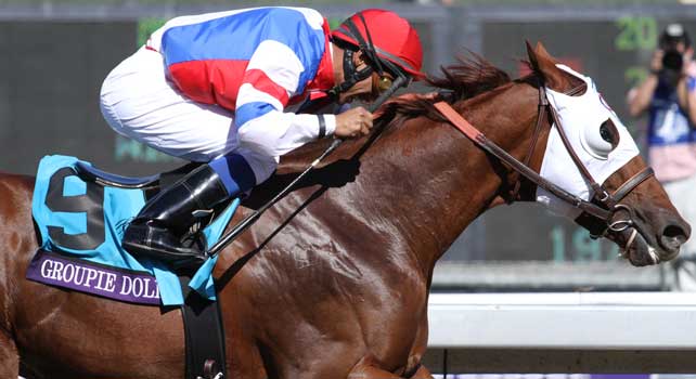 GROUPIE DOLL, ridden by Rajiv Maragh and trained by William Bradley, wins the Breeders' Cup Filly and Mare Sprint at Santa Anita Park in Arcadia, California on November 3, 2012.