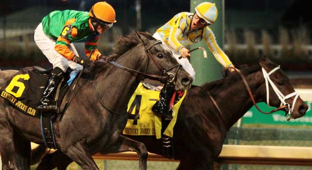 4 Uncaptured and Miguel Mena win the 86th running of the Kentucky Jockey Club at Churchill Downs. November 24, 2012.