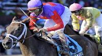 Georgie's Angel (no. 9), ridden by John Velazquez and trained by Todd Pletcher, wins the 93rd running of the grade 3 Schuylerville Stakes for two year old fillies on July 22, 2011 at Saratoga Race Track in Saratoga Springs, New York. (Bob Mayberger/Eclipse Sportswire) 