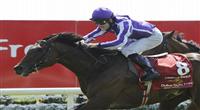 Treasure Beach (no. 8), ridden by C. O'Donoghue and trained by Aiden O'Brien, defeats favorite Carlton House and wins the group 1 Irish Derby for three year olds on June 26, 2011 at the Curragh Racecourse in Newbridge, Kildare, Ireland. (Bob Mayberger/Eclipse Sportswire) 