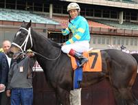 Hall of Fame jockey Edgar Prado aboard Budget, his fifth winner on Thursday at Aqueduct Racetrack.

