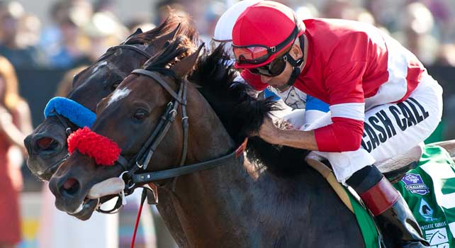 Acclamation and Patrick Valenzuela(rail) defeat Twirling Candy and Joel Rosario to win the Pacific Classic(GI) "Win and You're in" Breeders' Cup Classic Division at Del Mar Thoroughbred Club in Del Mar, CA. August 28, 2011