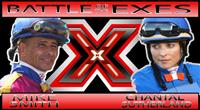 Jockeys Mike Smith and Chantal Sutherland ride in the Battle of the Exes at Del Mar on August 7, 2011