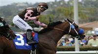 09 July 25: Corey Nakatani rides Global Hunter (no. 3) to victory in the 36th running of the grade 1 Eddie Read Stakes for three year olds and upward at Del Mar Thoroughbred Club in Del Mar, California.