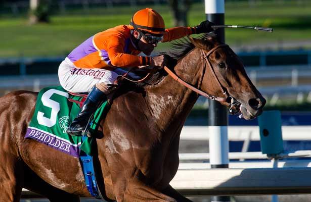 Beholder , ridden by Gary Stevens, and trained by Richard Mandella wins the Breeders' Cup Distaff (G1) on November 1, 2013 at Santa Anita Park in Arcadia, California during the 30th running of the Breeders' Cup.