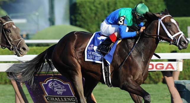 Love and Pride and jockey John Velazquez winning the Grade 1, $600,000 Personal Ensign Invitational Handicap at Saratoga Race Course. 
