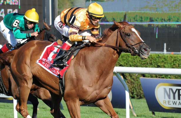 Wise Dan (no. 1), ridden by John Velazquez and trained by Charles Lopresti, wins the 29th running of the grade 2 Fourstardave Handicap for three year olds and upward on August 10, 2013 at Saratoga Race Course in Saratoga Springs, New York. (Bob Mayberger/Eclipse Sportswire)