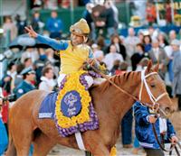 Open Mind, Angel Cordero, Jr., up, after winning the Breeders' Cup Juvenile in 1988