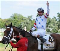 Kent Desormeaux celebrates after winning the 2008 Haskell aboard Big Brown