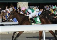 09 October 11: Mushka (no. 11), ridden by Kent Desormeaux and trained by Bill Mott, wins by disqualification of Proviso (no. 4), ridden by Rajiv Maragh and trained by Bobby Frankel, the 54th running of the grade 1 Spinster Stakes for fillies and mares three years old and upward at Keeneland in Lexington, Kentucky.