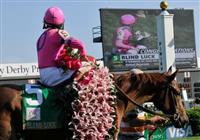 30 April 2010: Rafael Bejarano celebrates after winning the G1 Kentucky Oaks on Blind Luck.